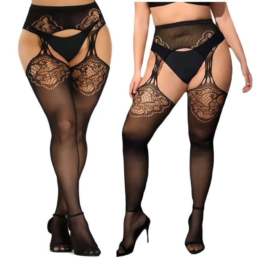 FREEAUCE Plus Size Women's Lace Floral Garter Belt Thigh High Pantyhose Stockings Over Knee Fishnets Mesh Socks Tights Leggings