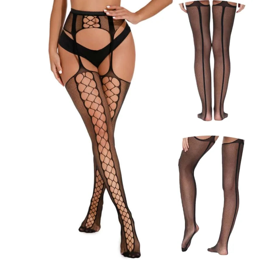 FREEAUCE Plus Size Women's Lace Floral Garter Belt Thigh High Pantyhose Stockings Over Knee Fishnets Mesh Socks Tights Leggings