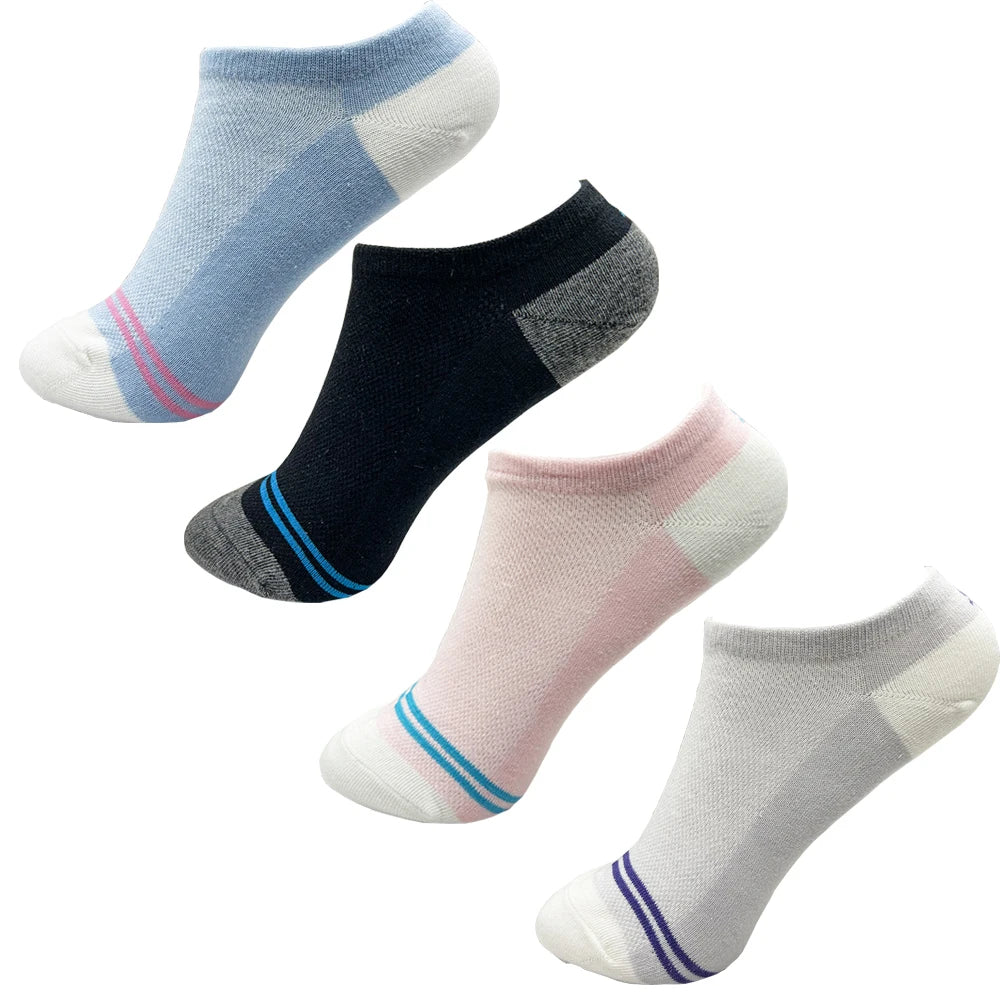 4 Pairs Cotton Women's Boat Socks No Show Socks Set for Lady White Invisible Cotton Socks Pack Pink Black Breathable Summer