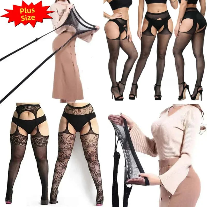 FREEAUCE Plus Size Women's Lace Floral Garter Belt Thigh High Pantyhose Stockings Over Knee Fishnets Mesh Socks Tights Leggings