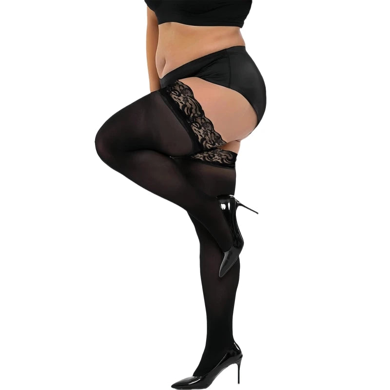 FREEAUCE Plus Size Women's Lace Floral Garter Belt Thigh High Pantyhose Stockings Over Knee Fishnets Mesh Socks Tights Leggings