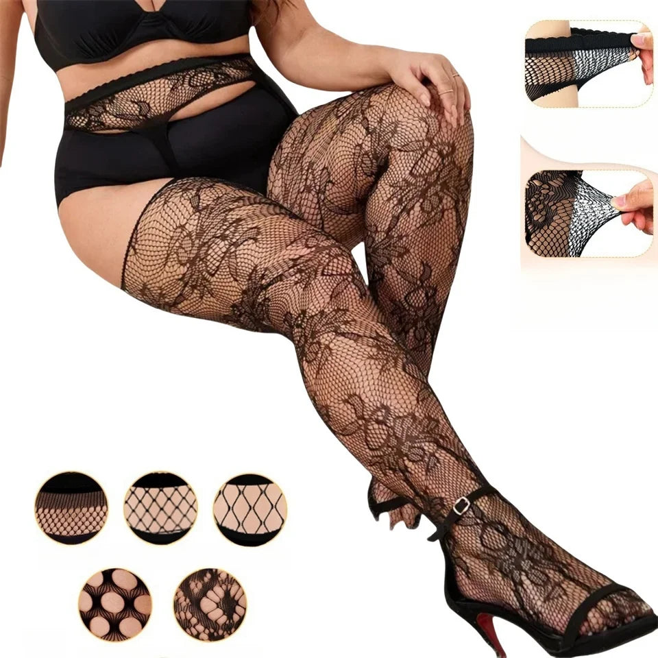 FREEAUCE Plus Size Women's Lace Floral Garter Belt Thigh High Pantyhose Stockings Over Knee Fishnets Mesh Socks Tights Leggings